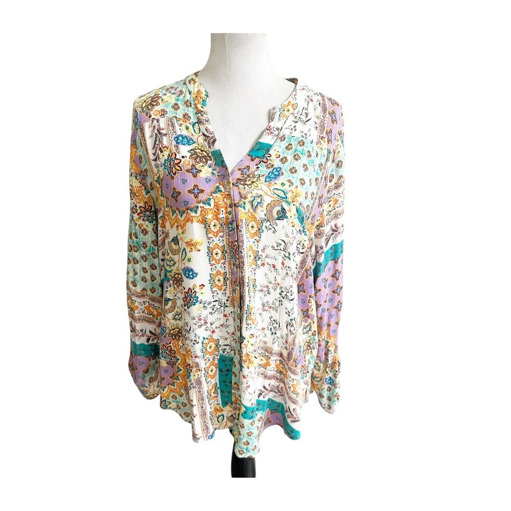 Fig & Flower Button Up Top Women’s Large Multicolor Floral Print V-Neck Cottage